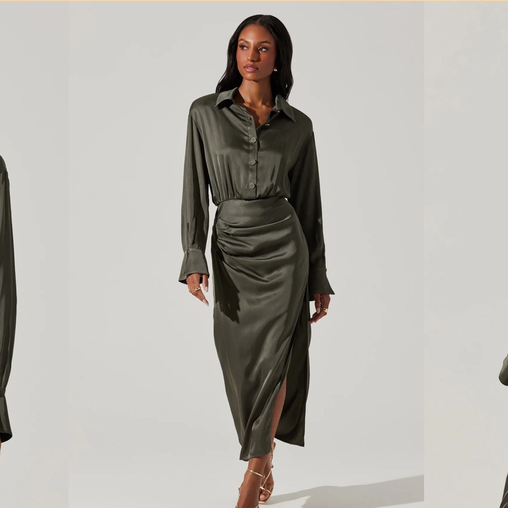 ASTR The Label Elizabello Satin Midi Shirt Dress Black NEW Size Small - Picture 11 of 14